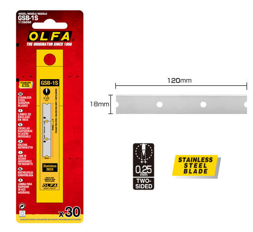 Olfa GSB-1S Stainless Steel Scraper Blades, 30-Pack, Dimensions